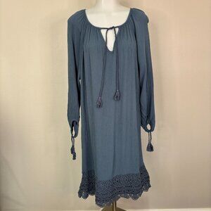 Lovestitch Shift Dress Medium Blue Tie-Neck Crochet Trim 3/4 Sleeves Women's
